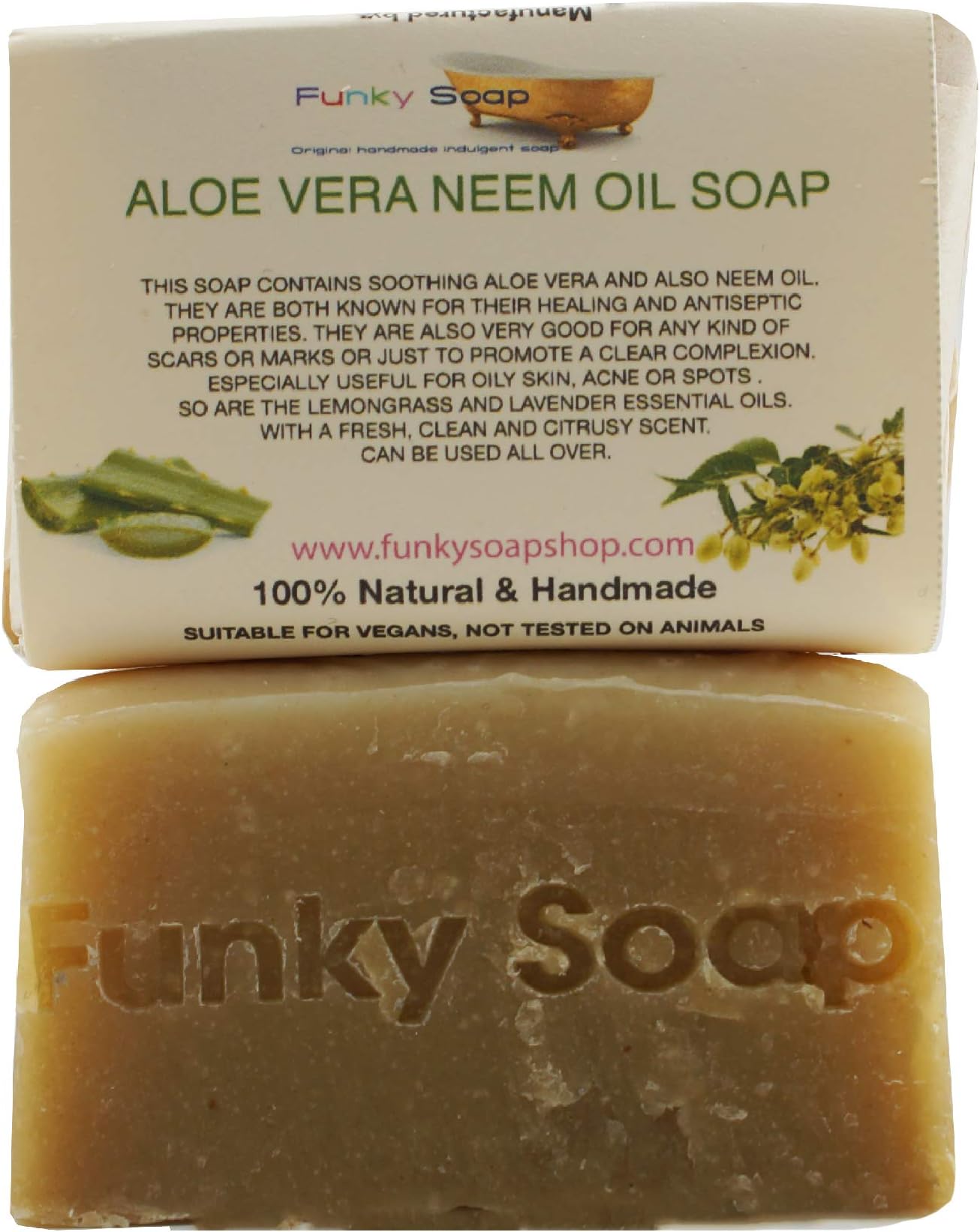 Funky SoapAloe Vera & Neem Oil Soap, 100% Natural Handmade, 1 bar of 65g