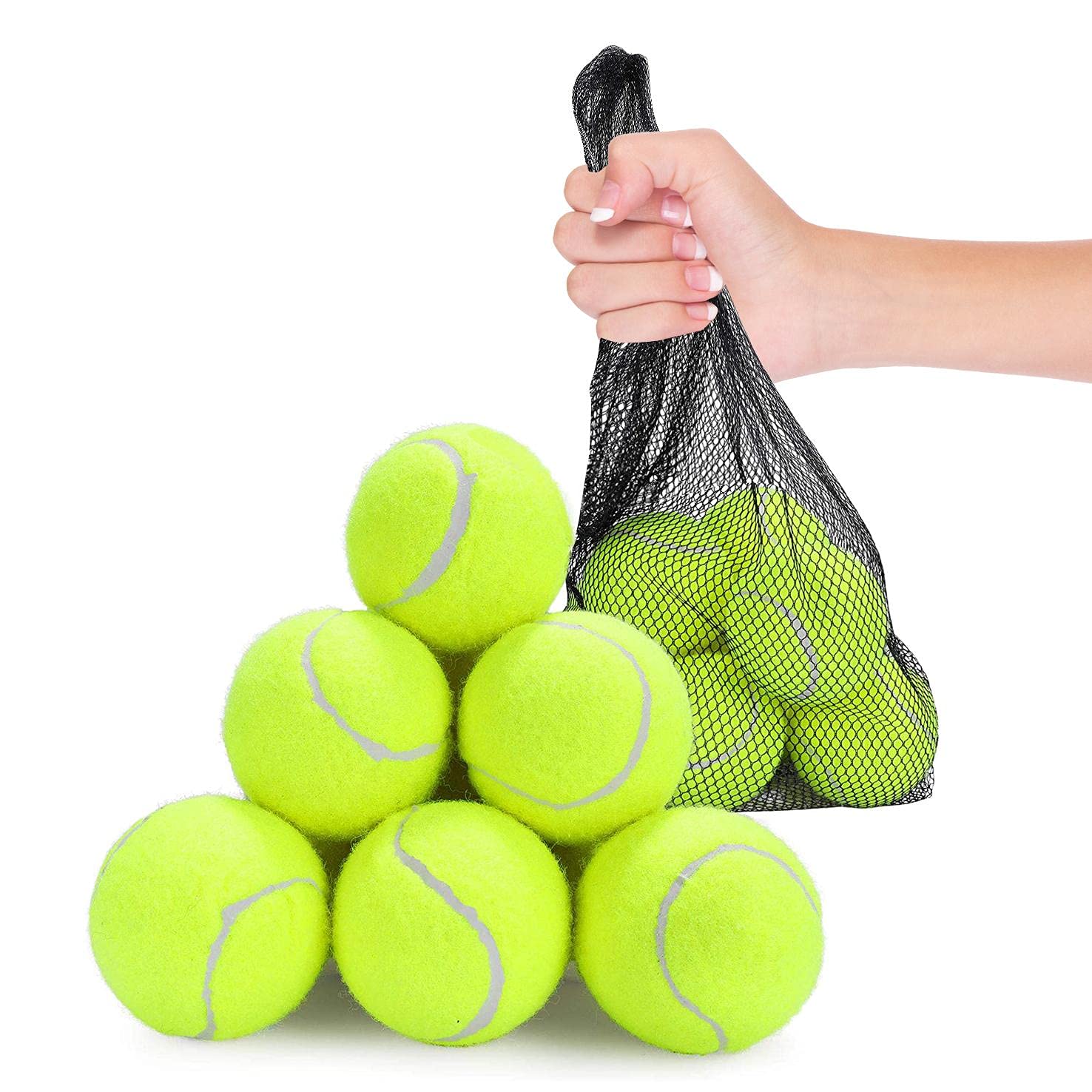 Almineez Tennis Balls Sport Play Cricket Dog Toy Ball with Mesh Bag, Sturdy & Durable, Great For Adults Children Lessons, Practice, Throwing Machines & Playing Pets Fetch Training Outdoor (Pack of 12)