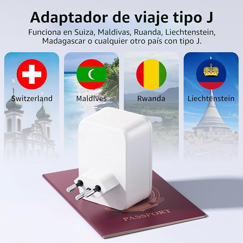 Adaptador de Viaje Suizo Adaptador de Enchufe de Alemania Enchufe de Viaje Suizo Adaptador de Viaje con 2 enchufes USB 1USB C (3A) Adaptador Tipo J para Suiza Maldivas Ruanda Liechtenstein