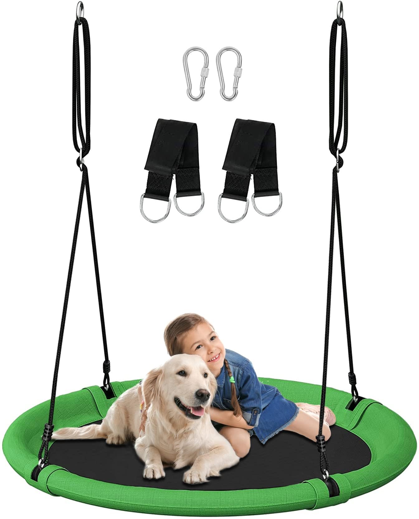 Koutemie 102cm Saucer Tree Swing Set - Adjustable Garden Swing for Kids & Adults, Outdoor Playground Swing, Green & Black