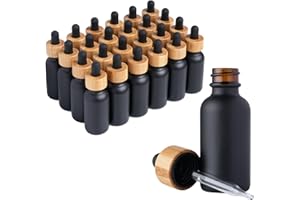Focus Nutrition Black Boston Round With Bamboo Top 1 oz Dropper Bottles | Glass Dropper Bottles for Essential Oils | 1 oz | 24 Pack