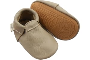 MEPIQ Infant Baby Moccasins with Rubber Sole - Soft Leather Anti Slip Crib Walking Baby Shoes Brown