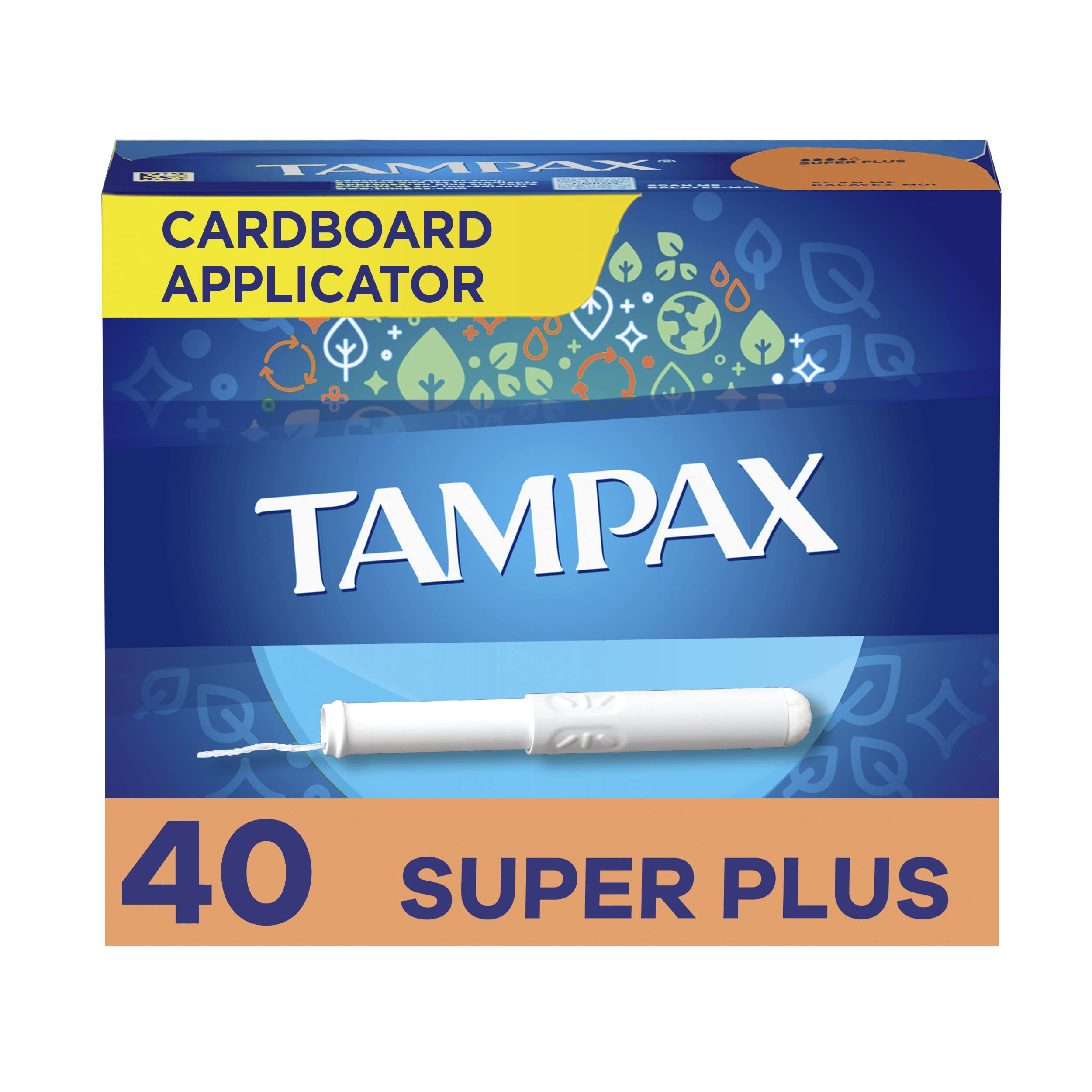 Tampax Cardboard Tampons for Women Super Plus Absorbency, Anti-Slip Grip, LeakGuard Skirt, Unscented, 40 Count