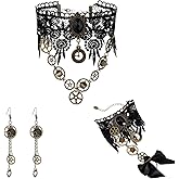 Hopodix 4PCS Black Lace Retro Steampunk Costume Accessories for Women with Gothic choker necklace bracelet Victorian Vampire Accessories