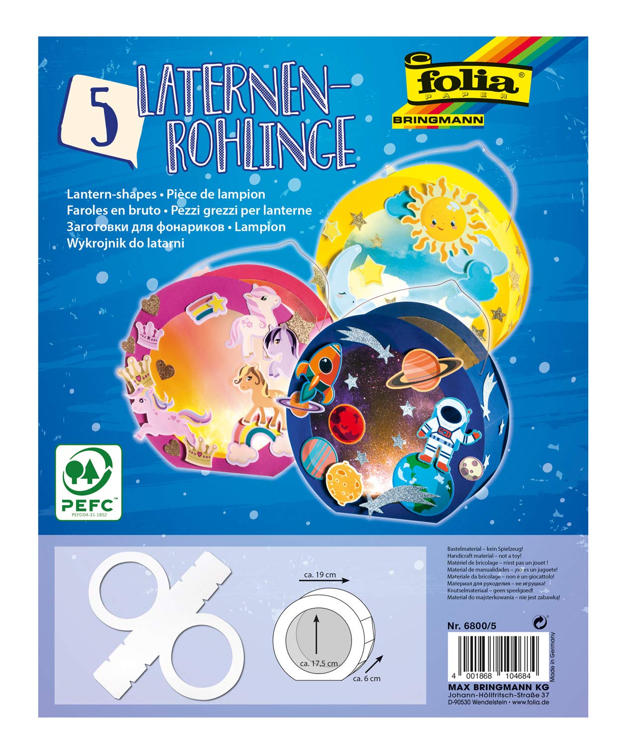 Folia 6800/5 Round Lanterns Blanks Made of Photo Card Pack of 5 White for Gluing Together Diameter Approx. 19 cm Window Cut-Out Approx. 13.5 cm