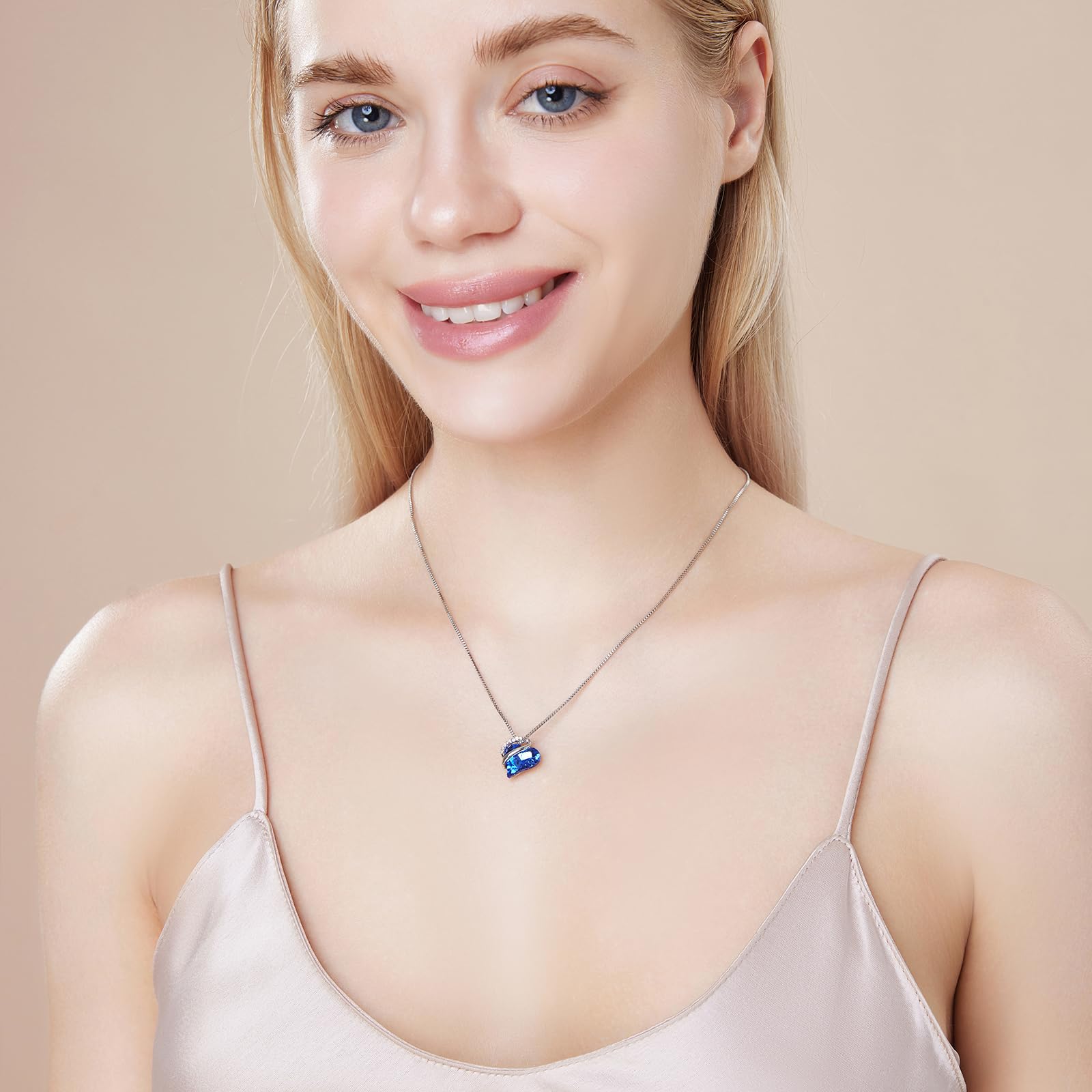 Sapphire, Love Heart Pendant Necklace Birthstone Crystal Jewelry Gifts for Women, Silver-tone, 16