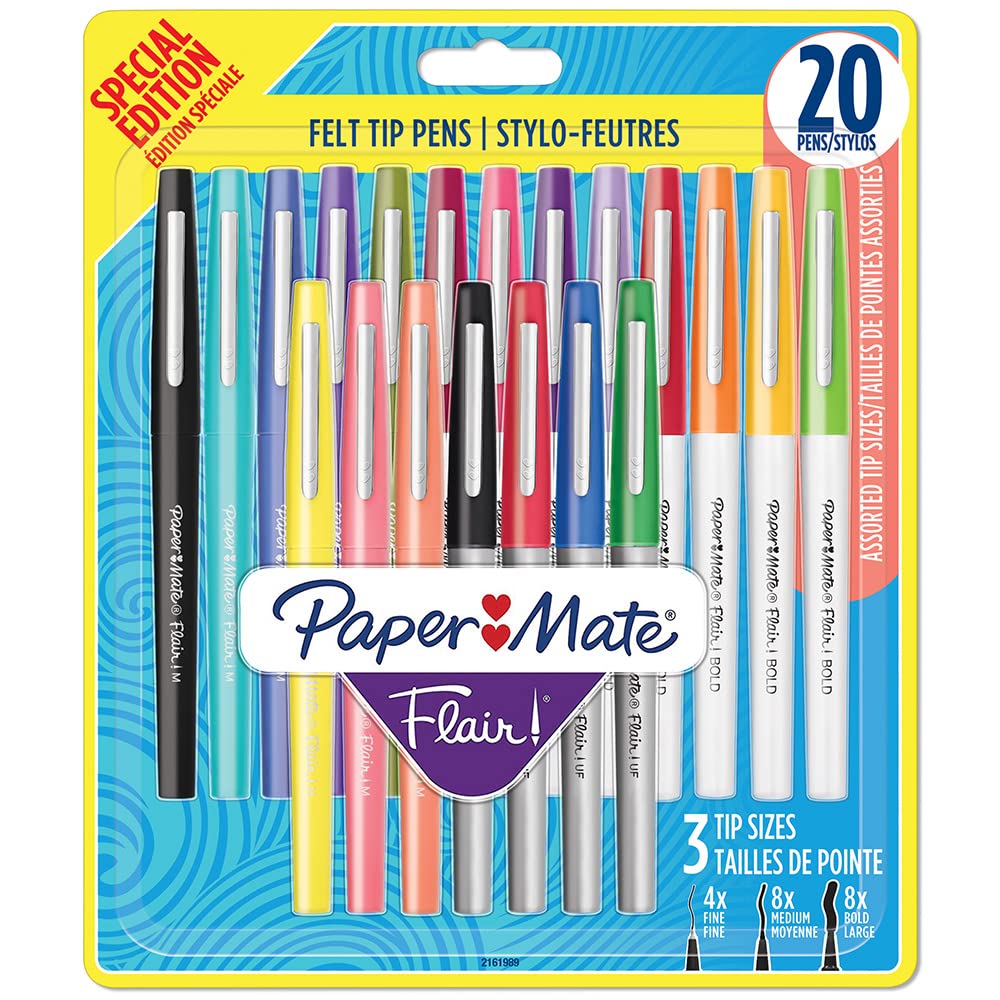 Paper Mate Flair Felt Tip Pens | Assorted Bold (1.2mm), Medium (0.7mm) and Ultra Fine (0.4mm) Points | Assorted Special Edition Colours | 20 Pack