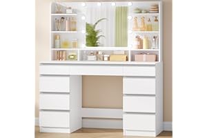 Hzuaneri 9 Drawers Vanity Desk with LED Light, Dressing Table with Large HD Mirror, 9 Open Storage Spaces Makeup Vanity for B