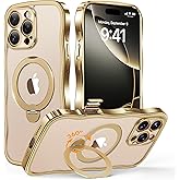 for iPhone 16 Pro Max Case with 360° Spin Magnetic Stand Ring [Compatible with MagSafe][16FT Military Protection][Camera Control Button]Cute Anit-slip Wave Phone Case for iPhone 16 ProMax, Gold/Clear