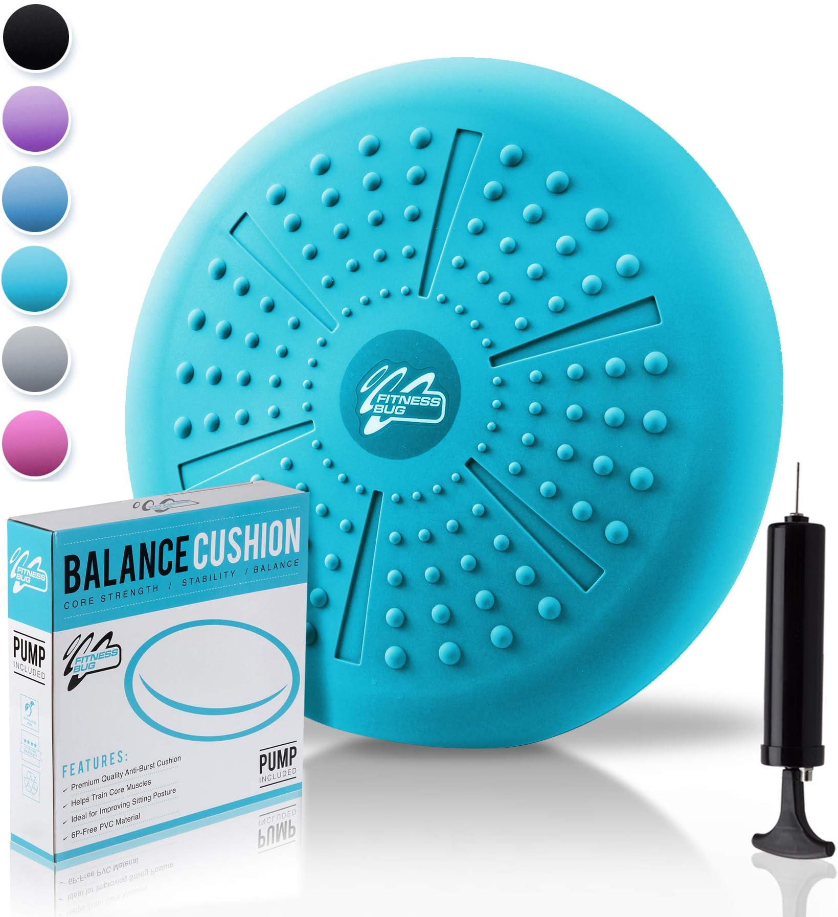 FitnessBug Inflatable Stability Balance Cushion Wobble Wiggle Air Seat Balance Board Stability Disc with Pump Anti-Burst Anti-Slip Core Strength Stability Posture