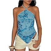 BEAUDRM Women's Sequin Halter Top Y2k Open Back Sleeveless Hanky Hem Sparkly Going Out Camisole