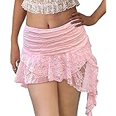 Kolagri Women Y2K Lace Mini Skirt Low Rise Pleated Ruffle Short Skirts Layered Flowy Asymmetrical Fairy Half Slip Skirt