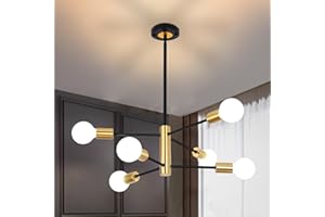 HUMHOLD 6-Light Modern Sputnik Chandelier, Mid Century Black Gold Ceiling Chandeliers,E26 Base,Branch Height Adjustable Pendant Lighting Fixture for Kitchen Island Dining Room Living Room Bedroom