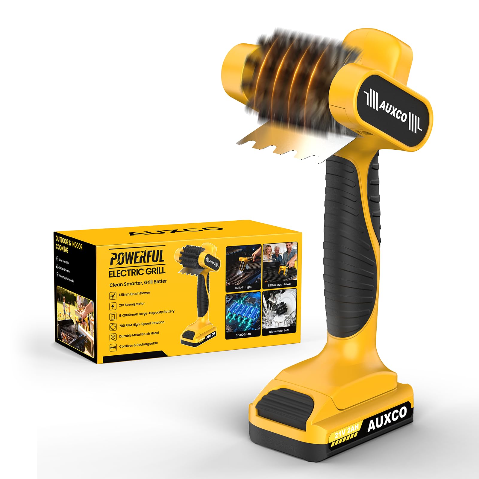 Photo 1 of AUXCO 21V Electric Grill Brush, Heavy-Duty Cordless BBQ Cleaner with Stainless Steel Bristles, 90-Min Runtime?LED Light, Dishwasher Safe Head for Gas & Charcoal Grills