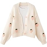 FindThy Women’s Kawaii Strawberry Embroidered Cardigan Long Sleeve V Neck Chunky Knitted Cardigans Tops