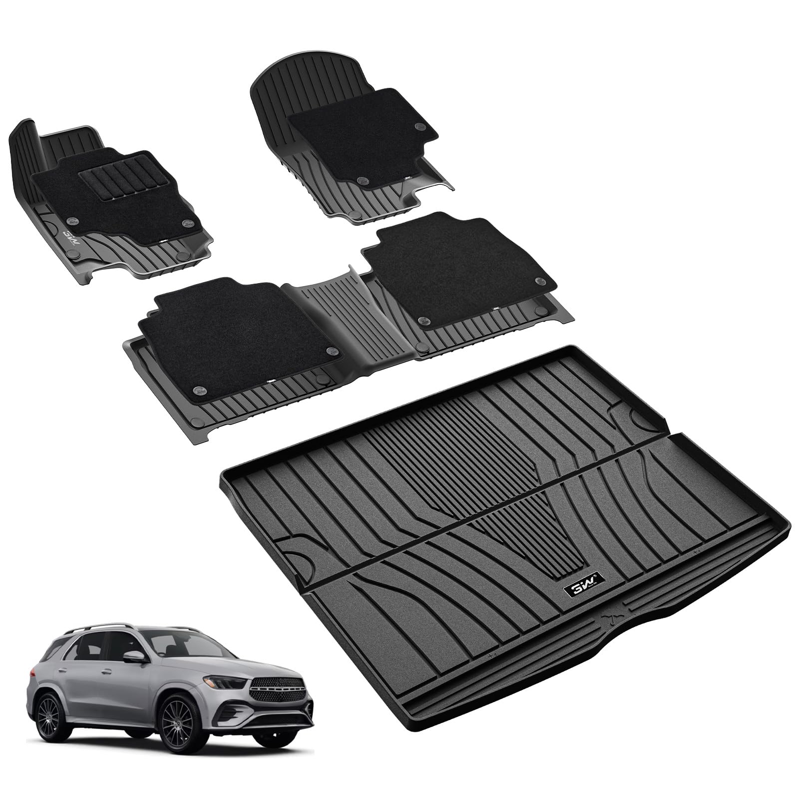 3W Floor Mats(with Carpets) & Cargo Liner Fit for Mercedes Benz GLE 2020-2026 5 Seats SUV, TPE All Weather Custom Fit Floor Liners Carpet and Trunk Mat for Benz GLE Waterproof(Not Fit for Coupe/W167) Image