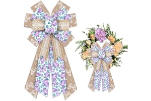 ON-AIRSTORE Large Spring Wreath Bows Purple Butterfly Burlap Bows for Wreath, Blue Brown Lace Flowers Ribbon Bows Spring Retro Flowers Decor Bows for Springtime Indoor Outdoor Decoration Wreath Ornament Supplies