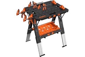 Pony Portable Folding Work Table, 2-in-1 as Sawhorse & Workbench, 31” W×25” D×25”-35”H, Large Load Capacity with 4pcs Clamps, 4pcs Bench Dogs