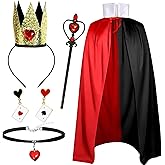 5 Pcs Red Queen Costume Accessories for Women, Red Heart Crown Necklace Queen Cape and Wand, Halloween Party Cosplay Set