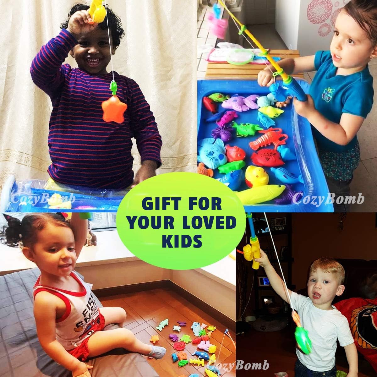 CozyBomB™ Kids Fishing Bath Toys Game | Magnetic Floating Toy Magnet Pole Rod Net, Plastic Floating Fish Toddler Pool Education Teaching and Learning Colors Birthday Age 3 4 5 6 Year