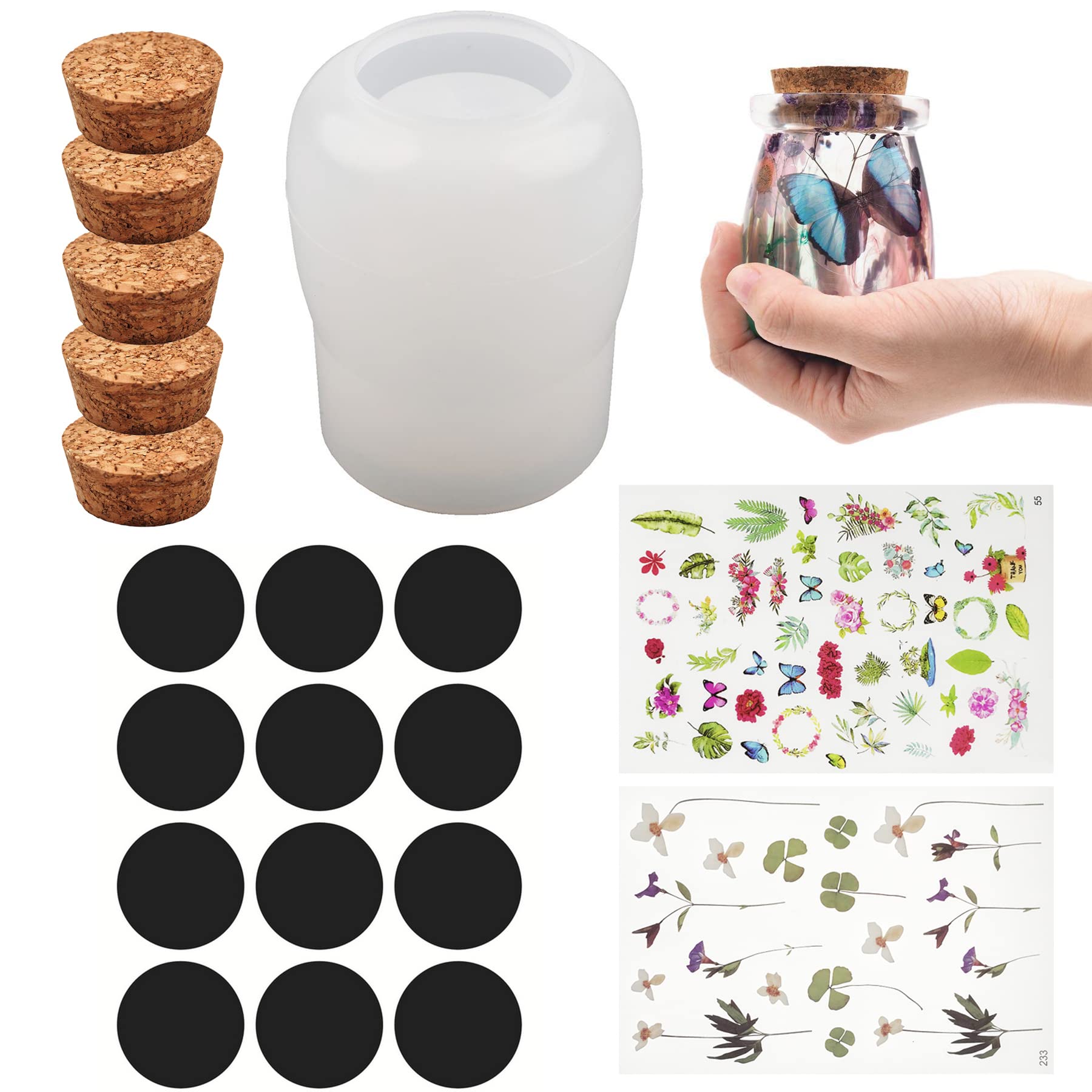 Cayway Jars Resin Moulds Resin Silicone Jar Moulds with 5 PCS Wooden Stoppers, 2 PCS Fill Material and Label Sticker, Resin Bottle Silicone Moulds for Storage, Candy Container