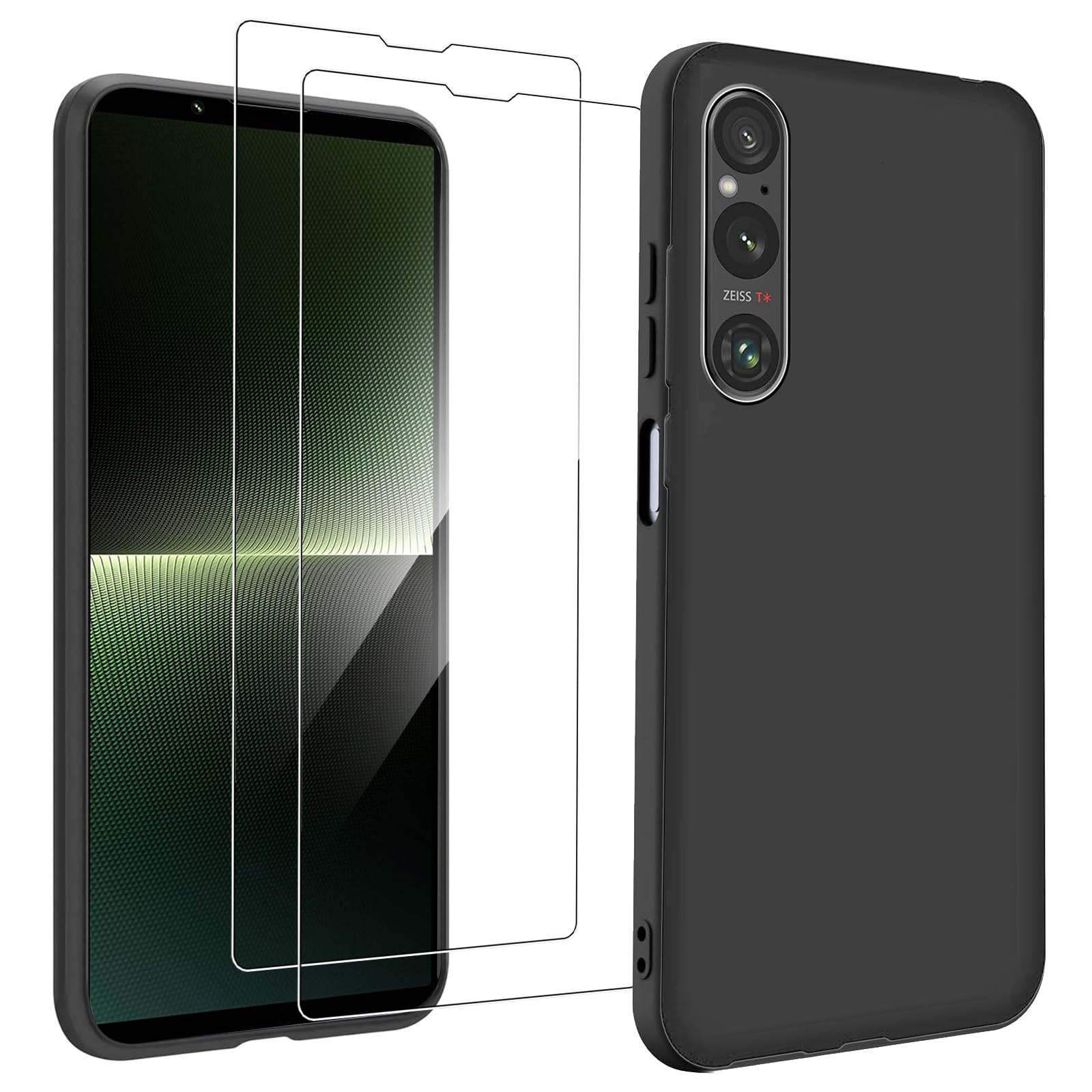 KZIOACSH Case for Sony Xperia 1 VI, Flexible Ultra Slim Drop Protection Anti-Scratch Protective Cover Silky-Soft Touch Shockproof Frosted TPU Case with 2 Tempered Glass Screen Protector, Matte Black