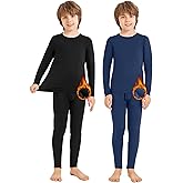Silkfly 2 Sets Boys Thermal Underwear Fleece Lined Compression Shirt Leggings Pants Kids Base Layer