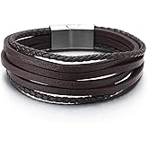 COOLSTEELANDBEYOND Mens Womens Multi-Strand Brown Braided Leather Bracelet Wristband with Steel Magnetic Clasp