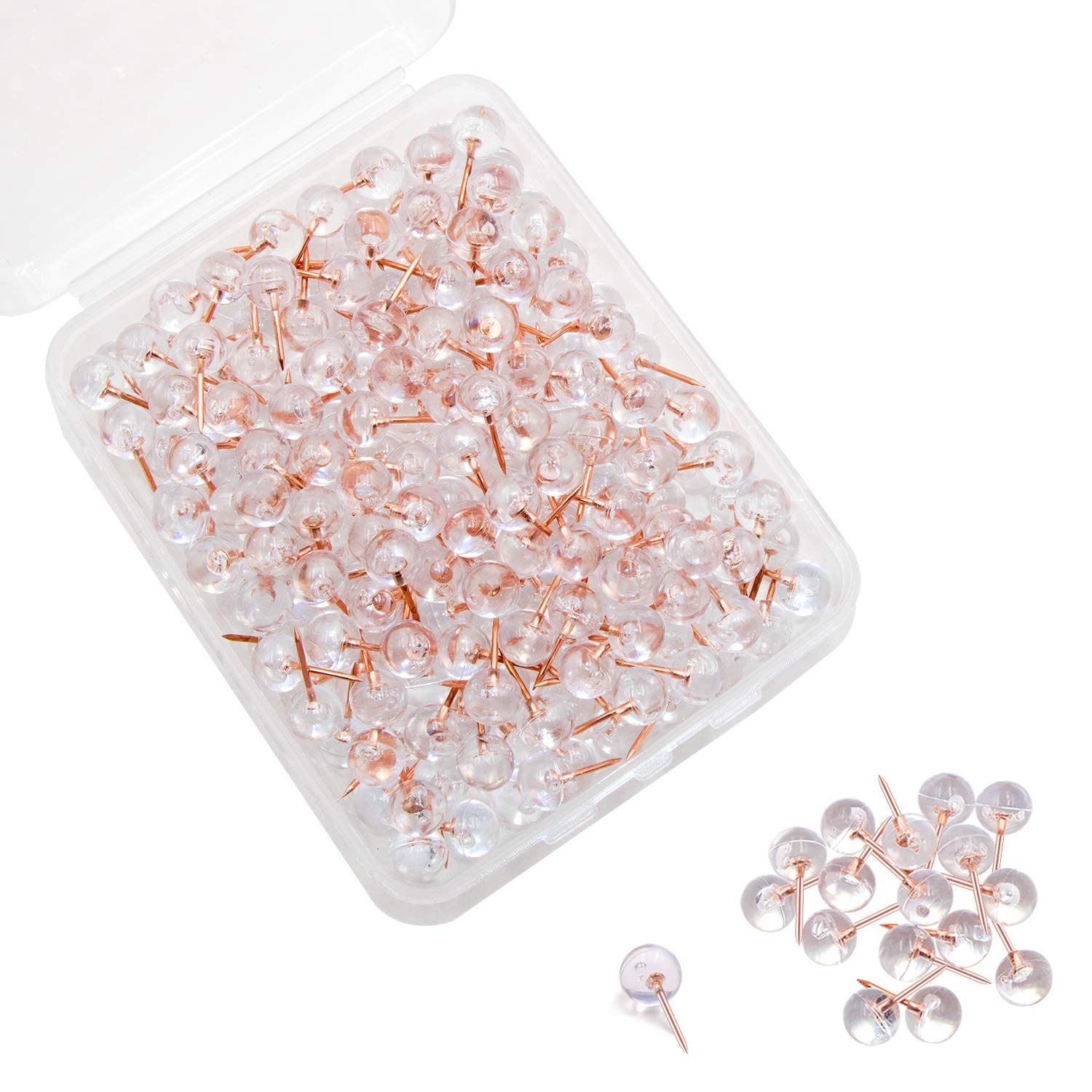 VAPKER 200PCS 0.37inch (9.5mm) Rose Gold Push Pins Map Thumb Tacks, Transparent Plastic Round Head Map Tacks for Pictures, Posters, Documents, Bulletin Boards, Fabric Marking, Wall Maps On Walls