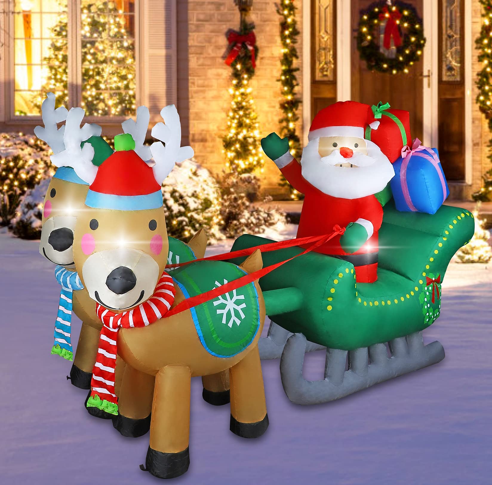 Photo 1 of MorTime 6.7 FT Christmas Inflatable Santa Claus on Sleigh Pulled by Two Reindeers with Gift Boxes, Blow up Lighted Xmas Yard Decor with LED Lights for Christmas Outdoor Decorations
