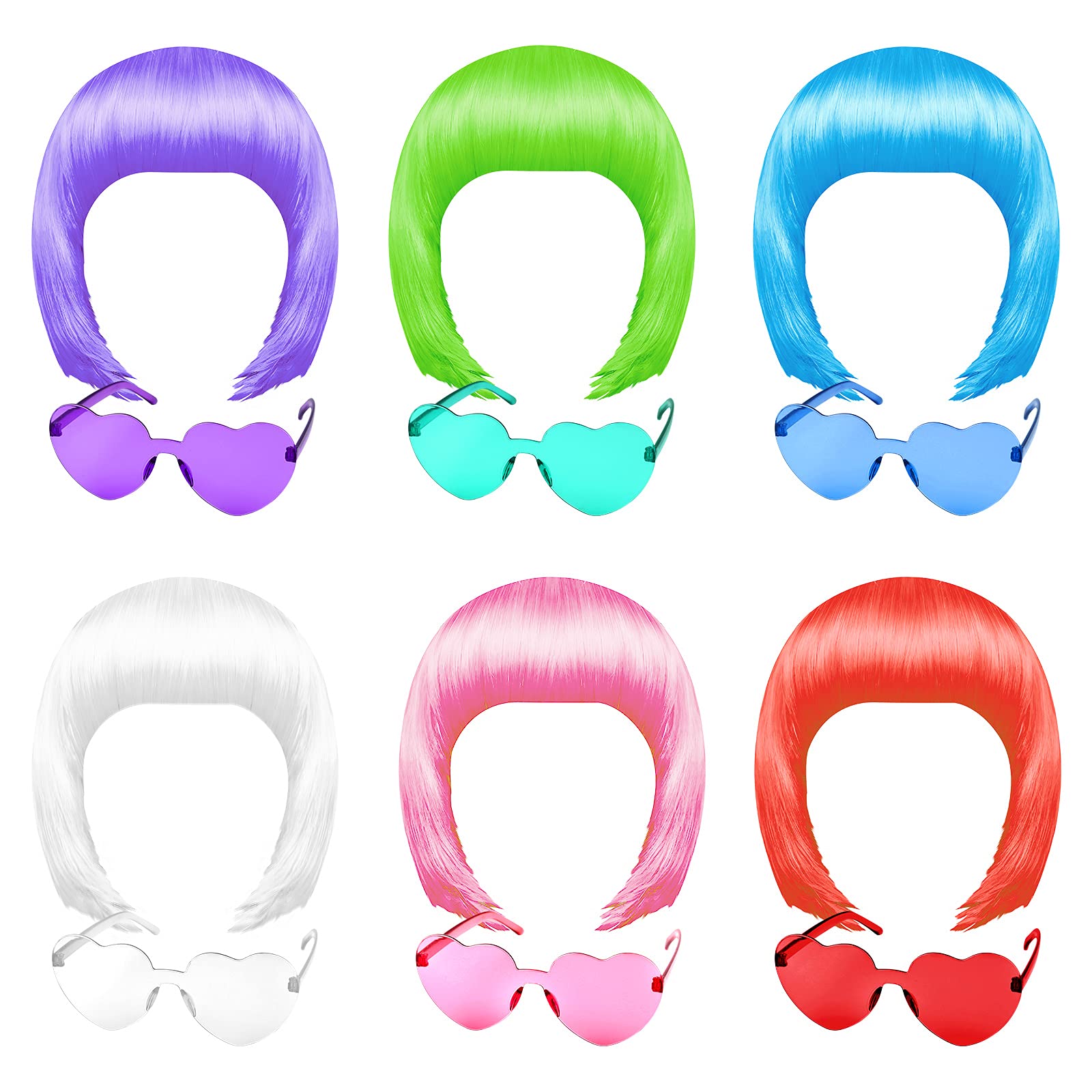 MIAHART 6 Pcs Short Bob Wig and 6 Pcs Sunglass Set, Neon Colored Wigs Colorful Cosplay Wigs Daily Party Hairpieces for Bachelorette Glow in The Dark Neon Party Favors Halloween Decorations Supplies