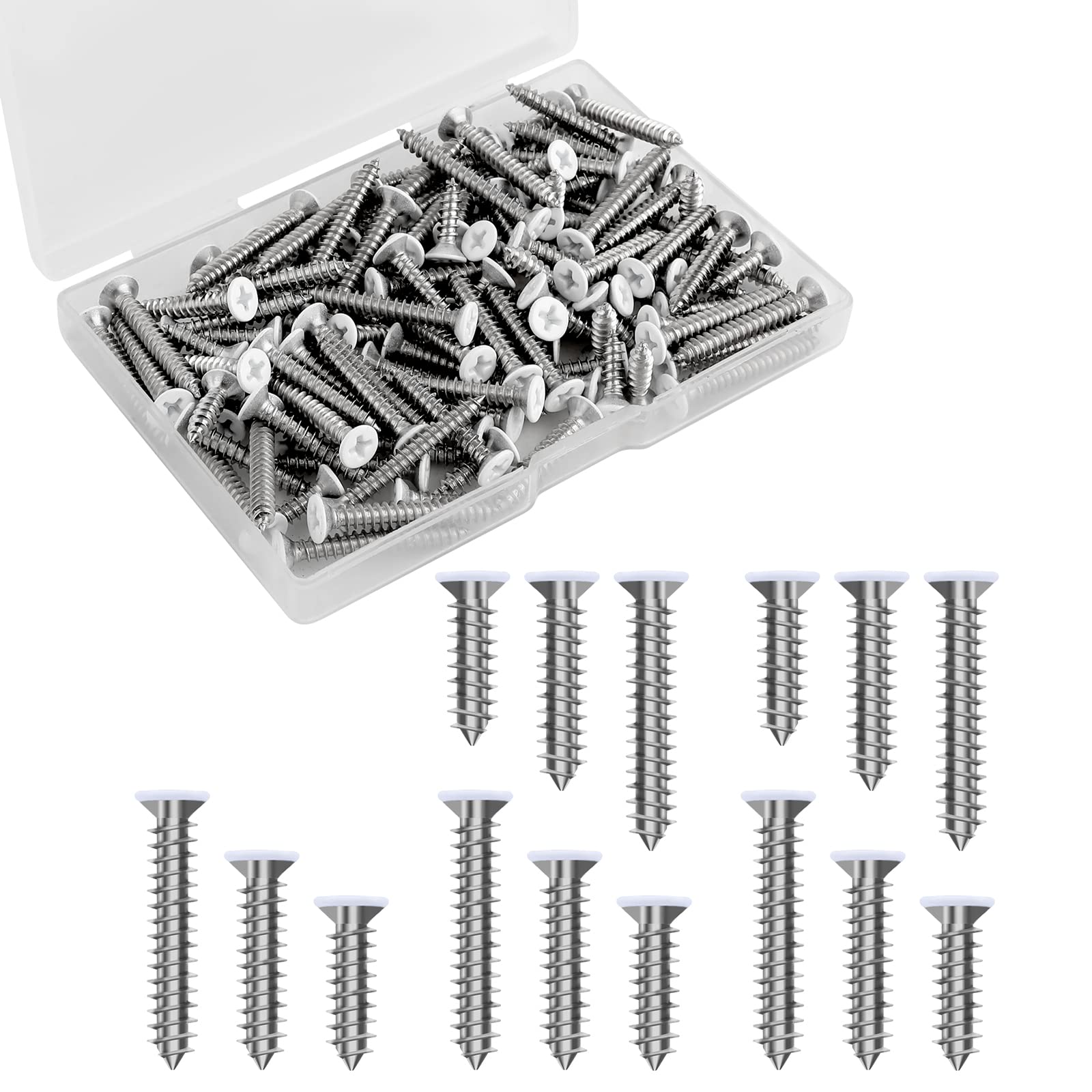 SAVITA 120 Pcs #8 White Stainless Steel Flat Head Wood Screws - Self Tapping, Assortment for Wall Plates & Switch Cover Replacement (3 Sizes)