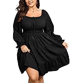 SHESTARR Women's Plus Size Dresses Square Neck Long Sleeve Tie Front Textured A Line Mini Dress