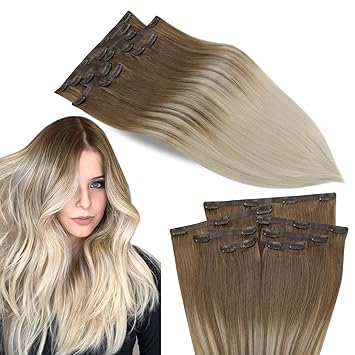 Amazon Com Clip In Blonde Balayage Hair Extensions Seamless Human Hair 12 Inch Color Brown Fading To Platinum Blonde Ombre Clip In Hair Extensions 7 Pcs Seamless Extensions 90g Beauty