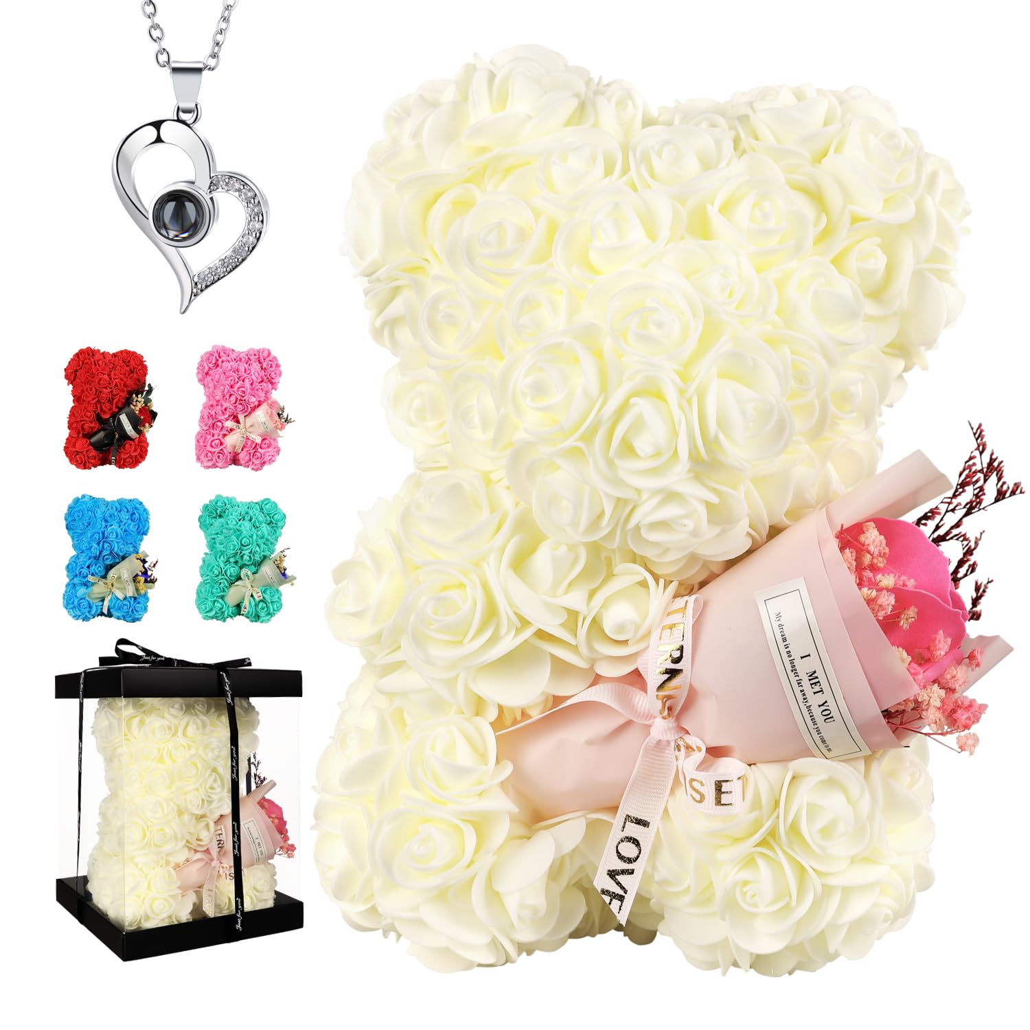 Mum Gifts From Daughter Son For Mother's Day Birthday,Rose Bear Women Gifts Teddy Flower Bear with Rose Bouquet, Valentine's Day, Mother's Day, for Women Birthday Gifts for Her (White)