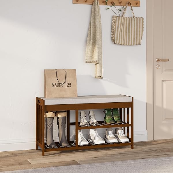 APRTAT 3-TIER BAMBOO SHOE RACK BENCH, SHOE STORAGE ORGANIZER BENCH, ENTRYWAY BENCHS, SHOES RACK FOR FRONT DOOR ENTRANCE, ENTRYWAY BATHROOM BEDROOM