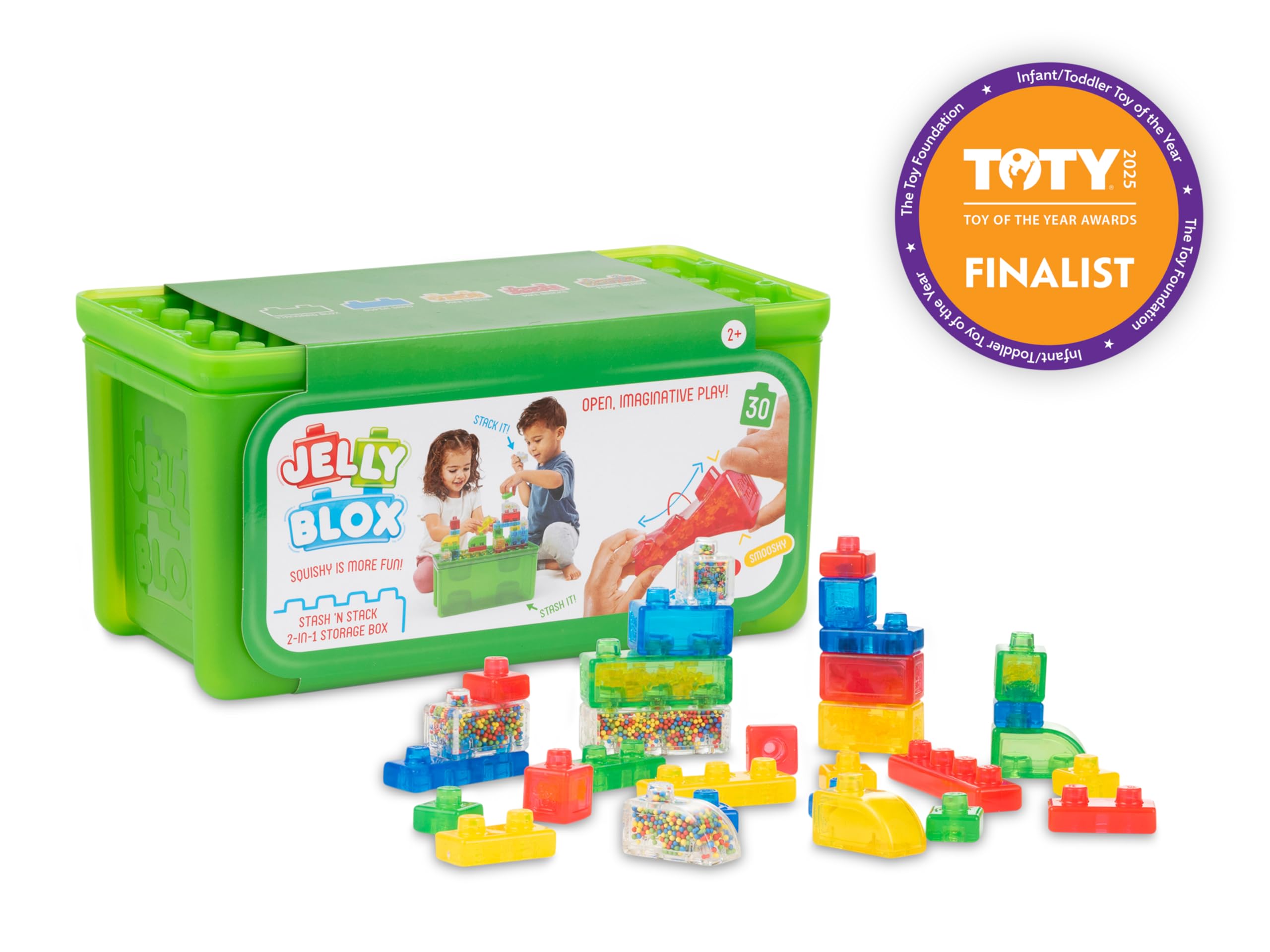 Jelly Blox Stash 'N Stack 2-in-1 Storage Case Including 30 Blocks | Toddler & Preschool Building Blocks Kids Can Squeeze & Stretch | Safety Tested & Ouch-Free | Tactile, Sensory Play Toy for Ages 2+