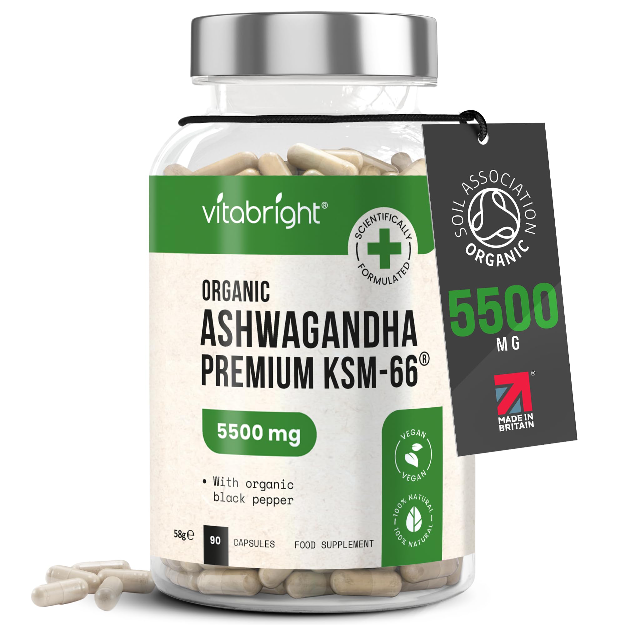Ashwagandha KSM 66 Root Extract Capsules | 3 Month Supply | 5500mg | Organic Ashwagandha High Strength Powder | Clean Formula Pure Herbal Supplements for Women & Men | VitaBright UK