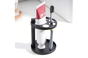 SONGSOSO Metal Toothbrush Holder Stand for Bathroom: Stainless Steel Ventilated Organizer with Slots for Electric Toothbrushes, Toothpaste, Razors & Small Comb, Unique Footprint Base Design, Black