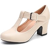 Women's T-Strap Mary Jane Pumps Low Block Chunky Heels Closed Round Toe Ankle Strap Wedding Evening Party Dress Office Work Shoes