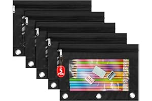 IKAYAS 5 Pack Black Pencil Pouch for 3 Ring Binder Colorful Pencil Pouch with Zipper Bulk, 3 Ring Binder Pencil Pouches Pencil Case Pencil Bags for Classroom Storing School Teacher Supplies
