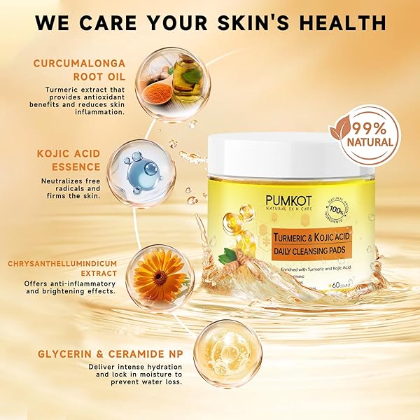 PUMKOT TURMERIC KOJIC ACID CLEANSING PADS, TURMERIC FACE SCRUB PADS ENRICHED WITH KOJIC ACID AND TURMERIC, 60PCS