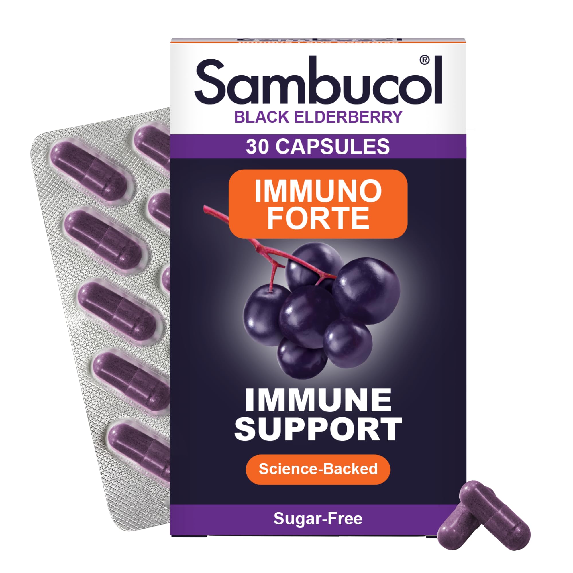 Sambucol Natural Black Elderberry Immuno Forte Capsules | Vitamin C | Zinc | Immune Support Supplement| 30 Capsules