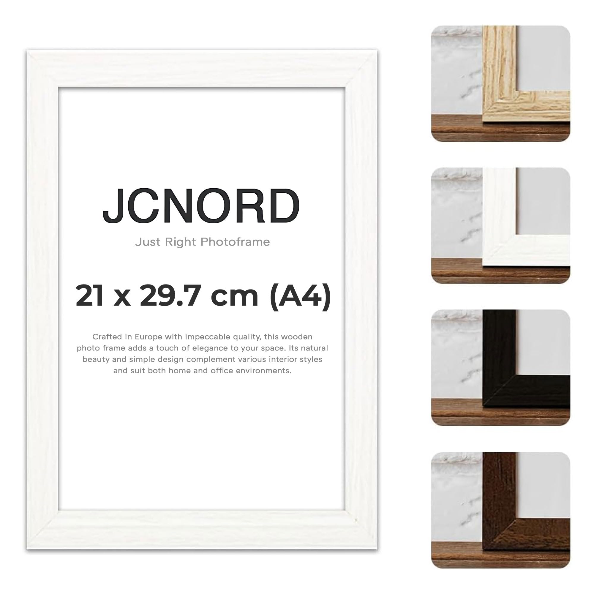 JCNORD White MDF Wooden Picture Frame A4 (21x29.7 cm) with Shatterproof Acrylic Glass | Modern Photo Frame for Walls and Tables