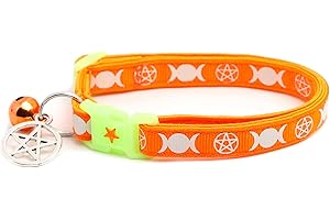 PUGS TO PERSIANS Wicca Cat Collar with Occult Charm & Bell | Witch’s Familiar Cat Collar | Witch Kitten Collar Charms | Glow in The Dark | Safety Breakaway Collar (Large(10lbs & Up), Orange)