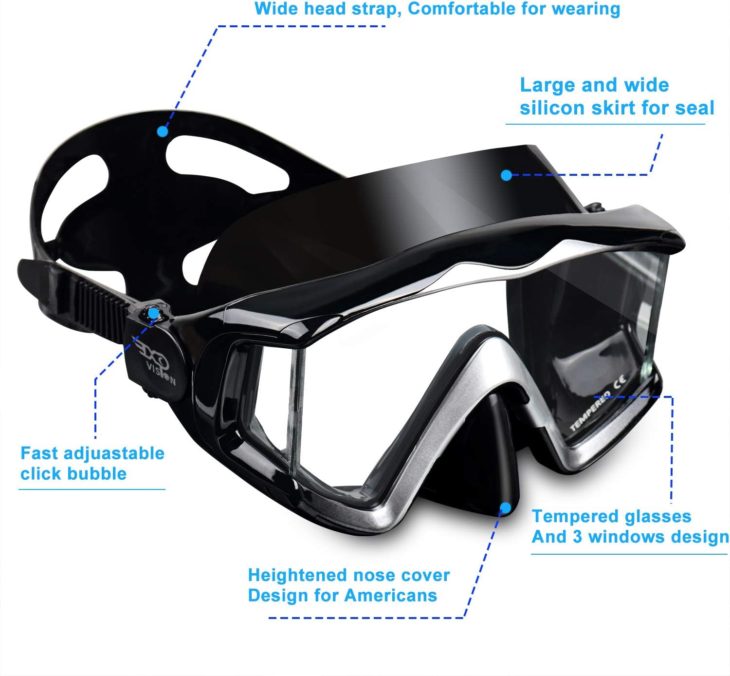 EXP VISION Adult Pano 3 Panoramic View Scuba Diving Mask, Tempered Glass Lens Snorkeling Dive Mask, Premium Swim Goggles with Nose Cover for Snorkeling, Freediving, Swimming : Sports & Outdoors