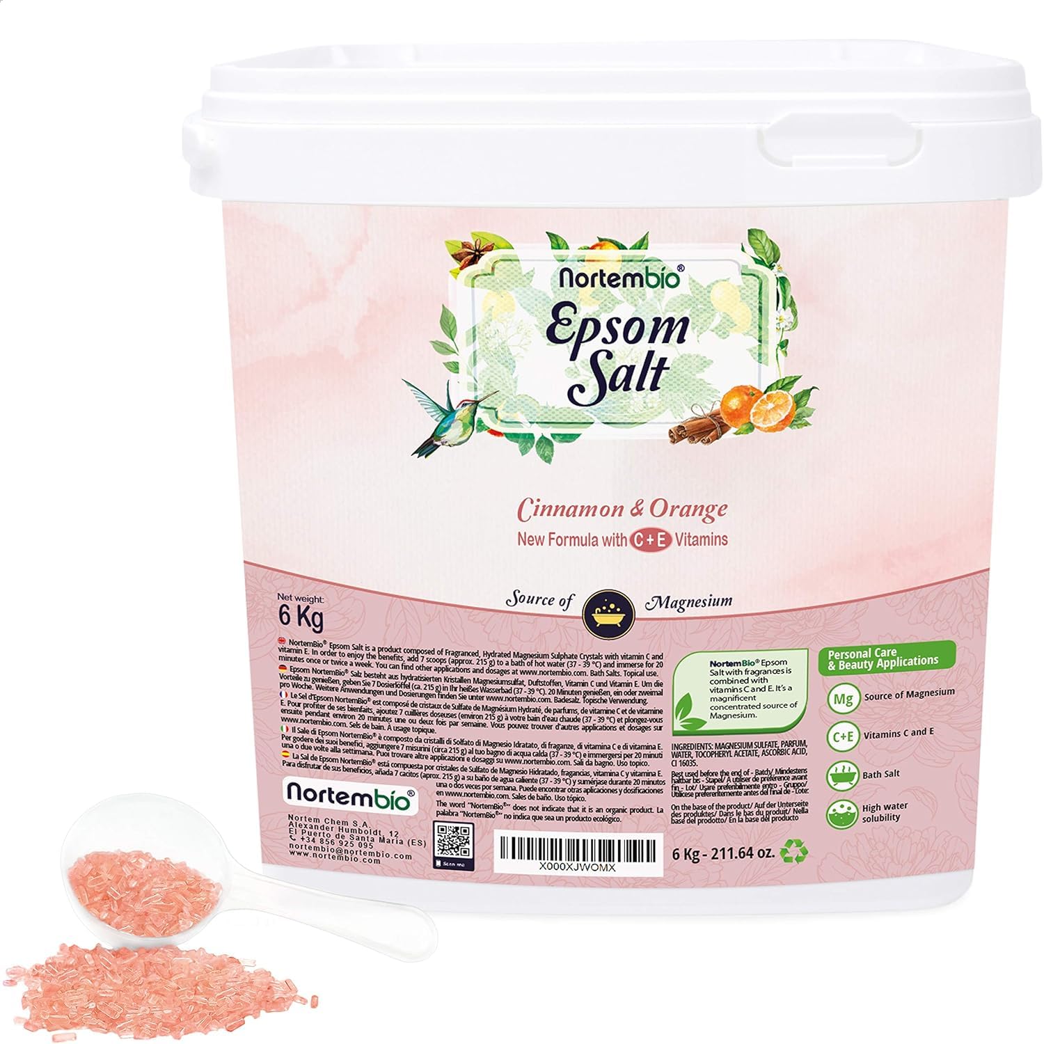 Nortembio Epsom Salt 100% Cinnamon & Orange Fragrance 6 kg – Natural Source of Magnesium | with Moisturizing Vitamin C & E | for Relaxing Baths, Spa & Skincare + Free E-Book — image 1