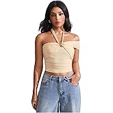 RoseSeek Women's Asymmetrical Ruched Halter Tops Metal Mesh Sleeveless Going Out Crop Top