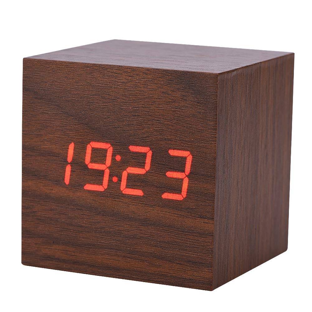 Sharainn Wooden Alarm Clock, 6x6x6cm 12-hour or 24-hour Mode Digital Alarm Clock with LED Display Desk Clock Voice Control for Bedroom Office (Brown)