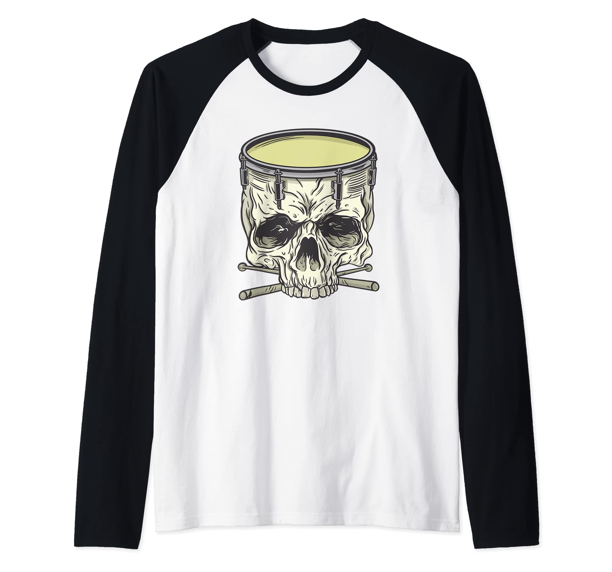 Skull Drummer Snare Drum Sticks Bones Band Musician Line Raglan Baseball Tee